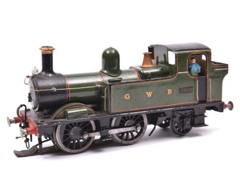 An O gauge coarse scale GWR 48xx 0-4-2T locomotive for 3-rail running. A kit-built white metal and brass loco in lined green 