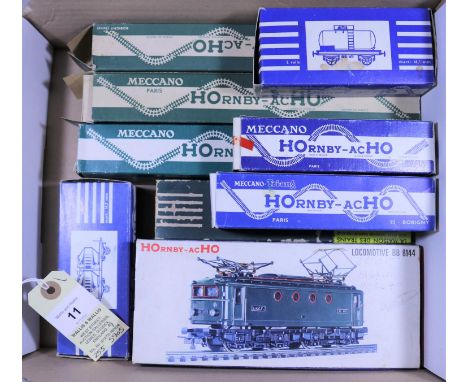 French Hornby AC-HO model railway. An SNCF Bo-Bo electric locomotive, RN BB8144 (6382) in dark green livery with twin pantogr