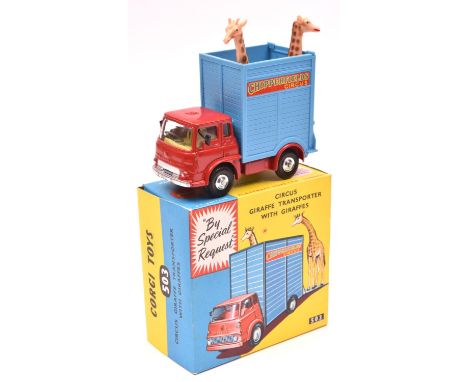 Corgi Toys Circus Giraffe Transporter with Giraffes (503). A Bedford TK chassis cab in red with a blue body and ridged spun w
