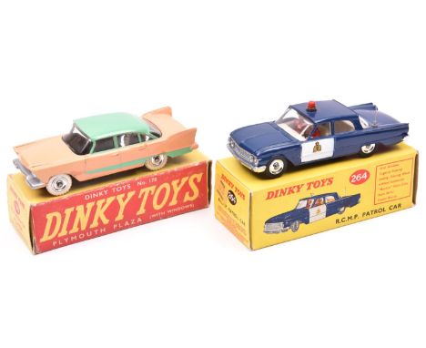 2 Dinky Toys North American Cars. Plymouth Plaza (178). In pink and light green, with white treadded tyres. Plus a Ford Fairl
