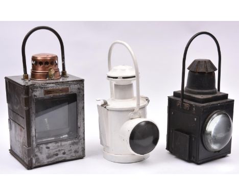 3x Railway Lamps. A square BR(S) steel and copper lamp by 'Lamp Manufacturing &amp; Railway Supplies Ltd', marked BR(S) to to