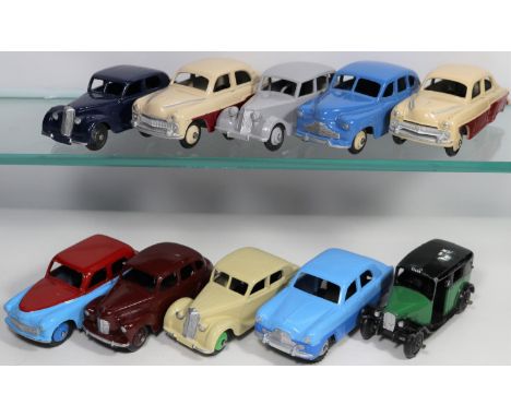 9 well restored Dinky Toys. Ford Zephyr in two tone blue, 2x Vauxhall Cresta in tan and maroon, Standard Vanguard in mid blue