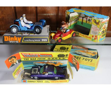 3 Corgi &amp; Dinky Toys. Corgi The Man From U.N.C.L.E. Gun Firing Thrush Buster (497). Example in metallic blue with plastic