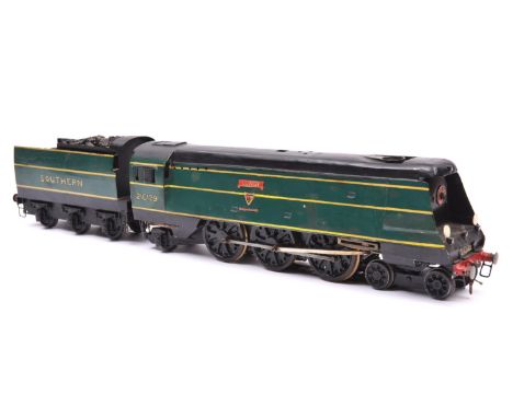 An O gauge coarse scale Southern Railway West Country Class 4-6-2 tender locomotive for 3-rail running. A kit-built brass etc