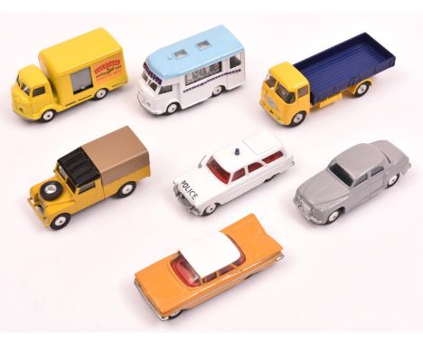 7 Corgi Toys. 2x Karriers - Bantam in yellow Lucozade livery and a Smiths Mobile Butchers Shop in white and pale blue. An ERF