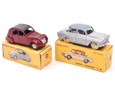 2 French Dinky Toys. Simca 'Aronde' P.60 (544). In light grey with dark grey roof, plated ridged wheels and white tyres. Boxe