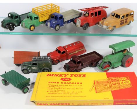 11x Dinky Toys vehicles. Austin Wagon (30j) in maroon. Dodge Tipping Wagon (30m) in blue and stone. Dodge Farm Produce Wagon 