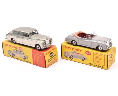 2 Dinky Toys. Bentley Coupe (194). In light grey with maroon interior with tan tonneau and driver. Plated dished spun wheels 