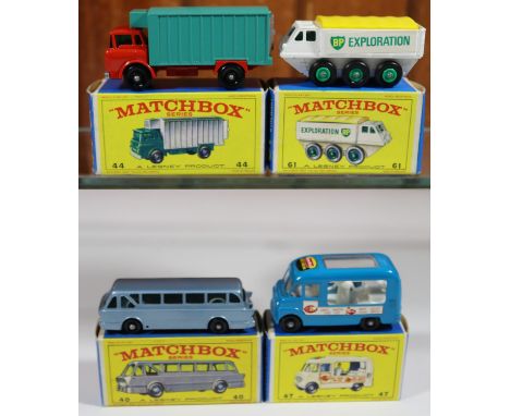 4 Matchbox Series. Leyland Royal Tiger Coach No.40 in light metallic blue with green glazing and black wheels. GMC Refrigerat