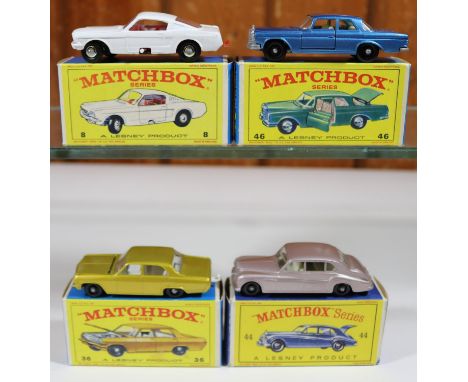 4 Matchbox Series. Ford Mustang No.8 in white with red interior, chrome wheels with black plastic tyres. Opel Diplomat No.36 