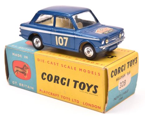 Corgi Toys Hillman Imp Monte Carlo 1966 (328). In dark metallic blue, RN107, 'FRW306C' registration numbers and rally decals 