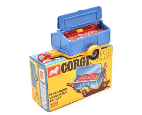Corgi Toys Pennyburn Workman's Trailer (109). In light blue and yellow, with cast wheels and correct black tyres. Complete wi
