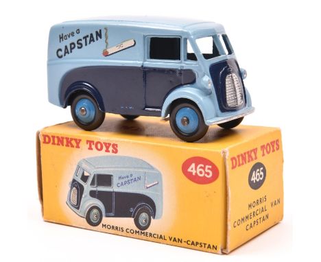 Dinky Toys Morris J Van 'Capstan' (465) in light and dark blue livery, with mid blue wheels and black rubber tyres. Boxed, mi