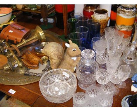 A collection of cut glassware, a cased pair of binoculars, brass candlestick, etc. 