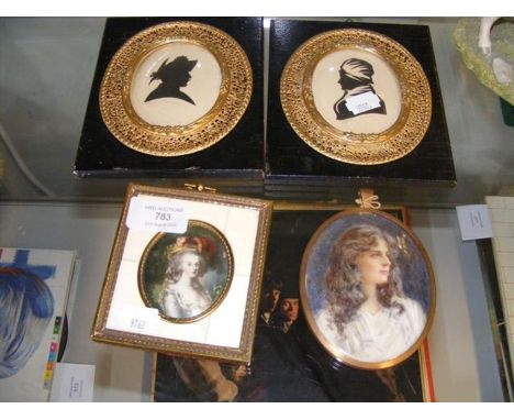 An oval miniature painting of young girl - signed R LEIGHTON, another miniature, together with two silhouettes 
