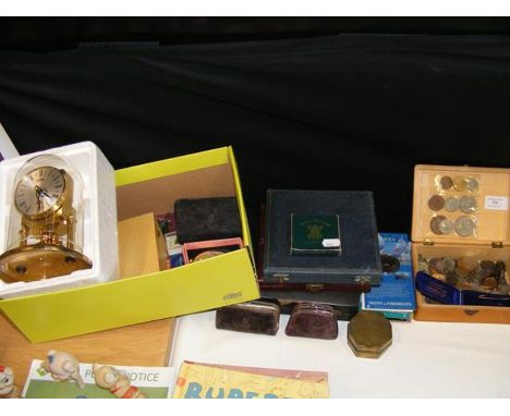 An Anniversary clock, various coinage, etc. 