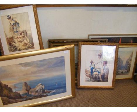 R H YATES - small watercolour of harbour scene, together with other paintings and pictures 