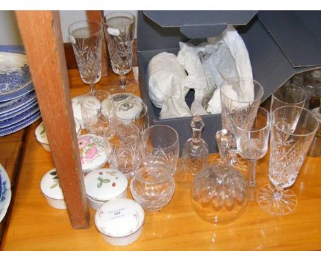 A selection of cut glassware together with Wedgwood and other trinket boxes with covers