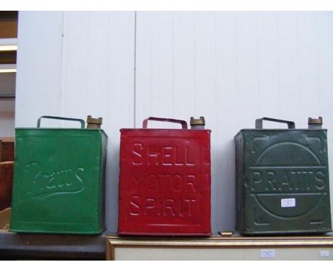 A vintage Shell petrol can together with two Pratt's petrol cans