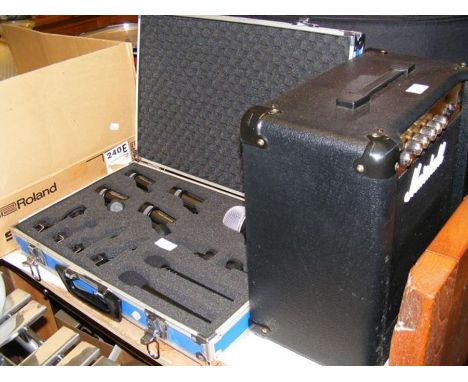 A set of drum microphones in case, a microphone stand, together with a Marshall MG15CD Amplifier CONDITION REPORTEAGLE G158J