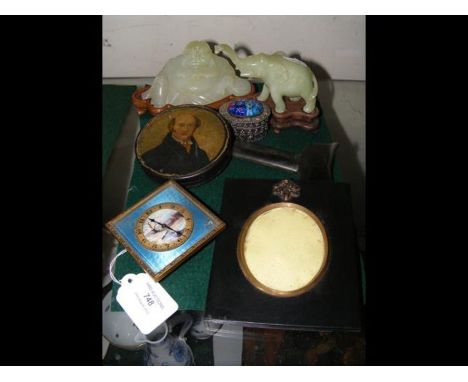 A Swiss enamel and hand painted travelling clock, two jade figures, portrait snuff box, etc. 