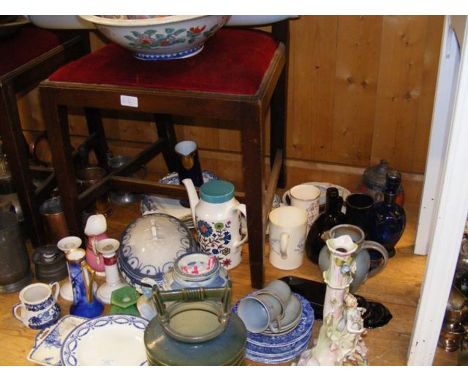 A glass rolling pin, a Chinese jug and bowl, together with various ceramics and a pair of side chairs 