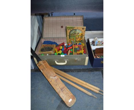 Vintage Suitcase Containing Older Toys, Cricket Set, Play Brick and Clackers 