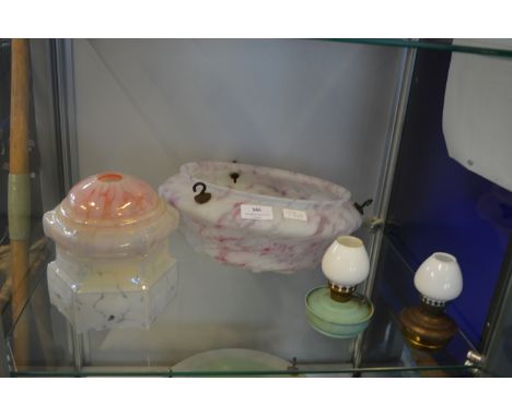 1930's Glass Celling Light Shade plus Lamp Shade and Two Miniature Oil Lamps 