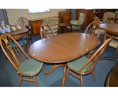 Ercol Oval Dining Table and Four Bentwood Chair with Swan Motif 