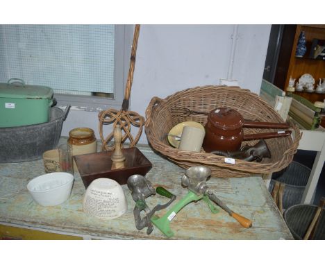 Willow Basket of Kitchenalia; Jelly Moulds, Enamel Pans, Mincers, etc. 