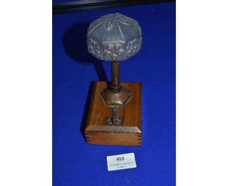 1920's Battery Powered Portable Lamp with Frosted Glass Shade Mounted on Wooden Case 