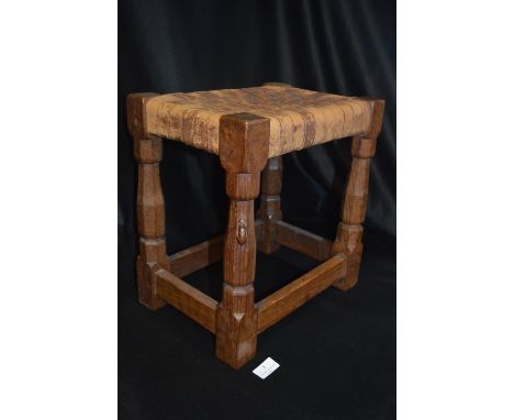 Robert Thompson Mouseman Oak Stool with Leather Seat 