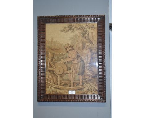 Oak Framed Tapestry Figure of a Traveling Knife Sharpener 