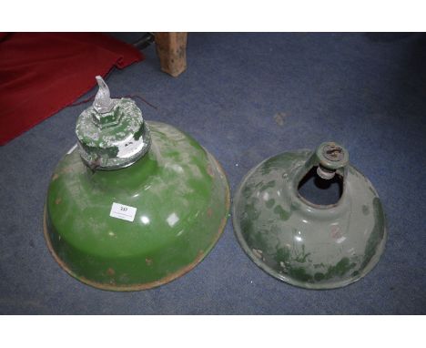 Two Green Enamel Light Shades 14" and 11" diameters 