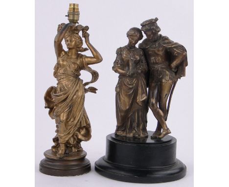 A 19th century gilded spelter figure of Shakespearian characters,height 12" on wooden plinth base, overall height 16" togethe