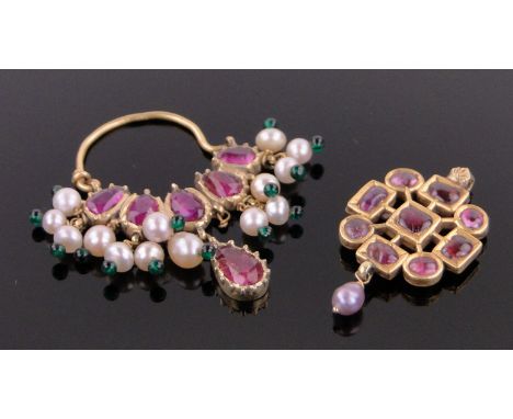 2 Indian unmarked gold and ruby set pendants,one in the form of a padlock set with oval cut rubies, pearls and small emeralds