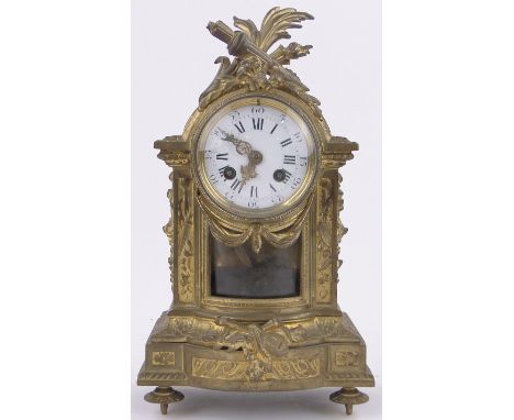 A 19th century French ormolu cased mantel clock,relief cast Classical design case with enamel dial and 2-train striking movem