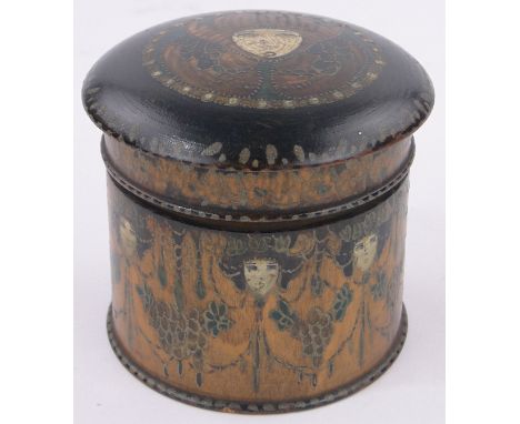 G Berckmans - an Art Nouveau painted wood pot,with portrait and swag decoration, signed under base and dated 1919, height 3.2