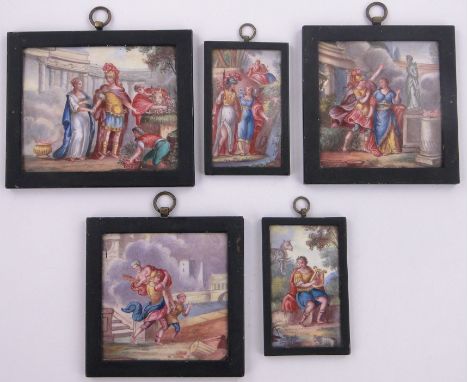 A set of 6 19th century Limoges enamel on copper plaques,hand painted Classical scenes, largest 3.5" x 4.25", painted metal f
