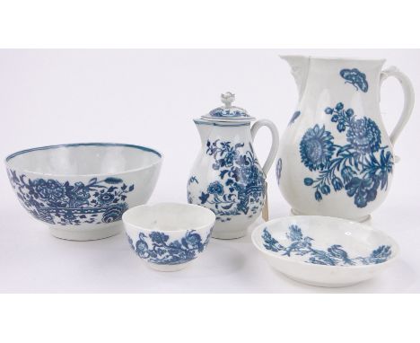 A group of 18th century Worcester porcelain,including a large blue and white jug with mask spout, height 7", a small lidded j