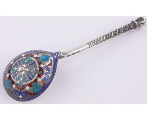 A 19th century Russian silver and champlevè enamel spoon,with twist handle and multi-colour enamel decorated bowl, dated 1883