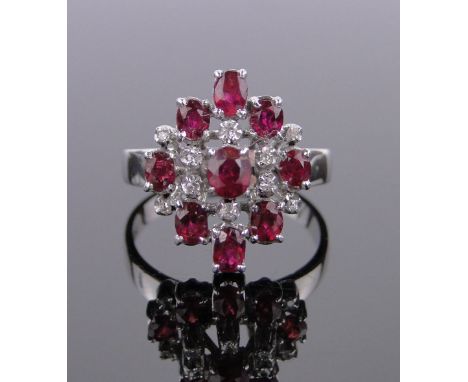 18ct white gold ruby and diamond set cocktail ring,setting height 18mm, size Q