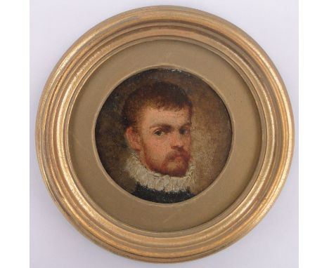 A 19th century miniature oil painting on metal,portrait of a man wearing a ruff, unsigned, giltwood frame, overall height 4.7