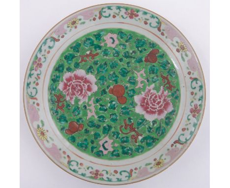 A large Chinese porcelain dish,with floral enamel decoration, diameter 14".