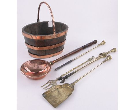 A metal bound wood coal bucket,various brass fire tools, etc.