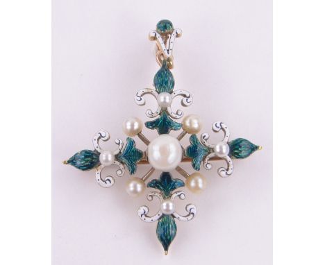An unmarked gold pearl and enamel cross pendant/brooch,circa 1910, makers marks AP, width 37mm, 7g, original box