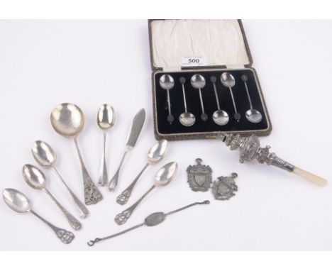 A group of silver items,including late Victorian silver baby's rattle with mother of pearl handle, Birmingham 1900, silver pr