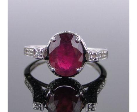 9ct white gold ruby and diamond set ring,ruby approx 2cts, size M