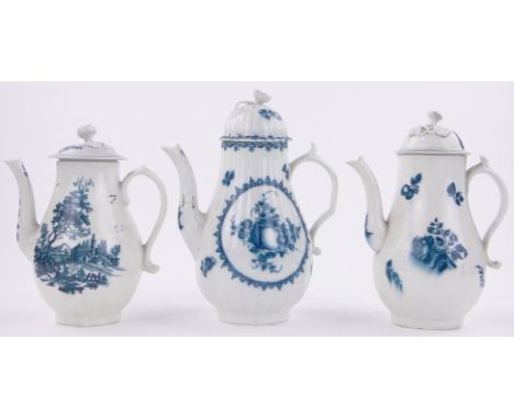 3 18th century Worcester coffee pots,blue and white transfer decoration, largest height 10", (3).