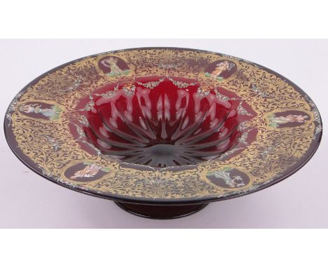A large continental ruby glass table centre dish,with gilded acanthus frieze & panels of classical figures, diameter 17", hei